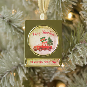 rode vrachtwagen winterboom vrolijk kerstfeest verguld banner ornament
