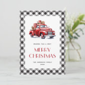 Rode Vrachtwagen Zwart Wit Plaid Merry Christmas K Feestdagenkaart (Staand voorkant)