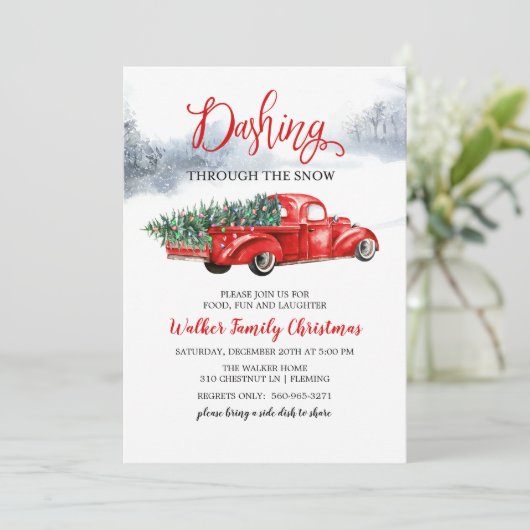  rode vrachtwagenboom kerstuitnodiging kaart (Staand voorkant)