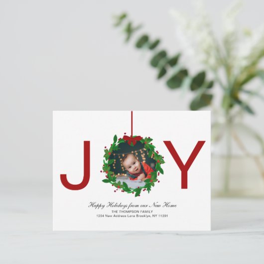 Rode Vreugde Kerstmis Botanische krans Foto Bewege Feestdagenkaart (Staand voorkant)