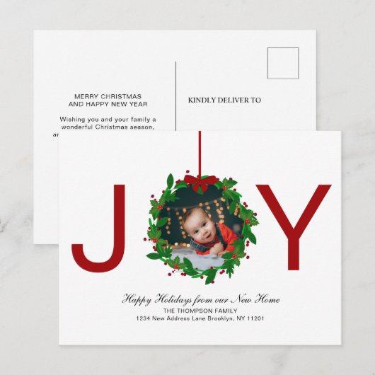 Rode Vreugde Kerstmis Botanische krans Foto Bewege Feestdagenkaart (Voorkant / Achterkant)