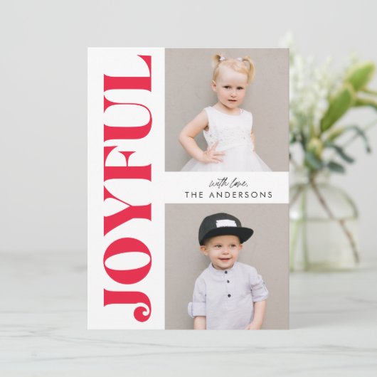 Rode Vreugdevolle Moderne Kerstfoto Feestdagenkaart (Staand voorkant)