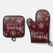 Rode Vrolijke en Heldere Sneeuwvlokken Kerstmis Ovenwant & Pannenlap Set (Voorkant)