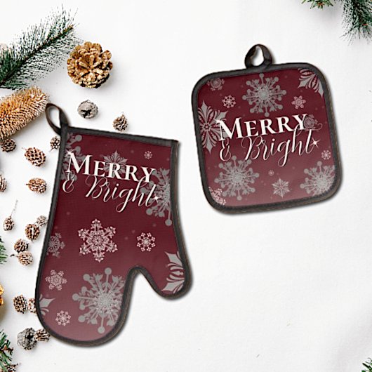 Rode Vrolijke en Heldere Sneeuwvlokken Kerstmis Ovenwant & Pannenlap Set