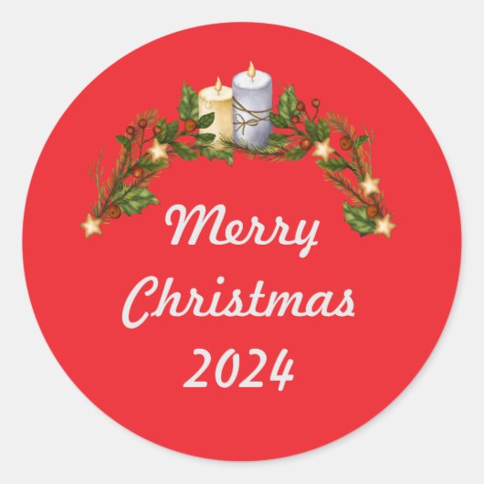 Rode vrolijke kerst 2024 ronde sticker (Voorkant)