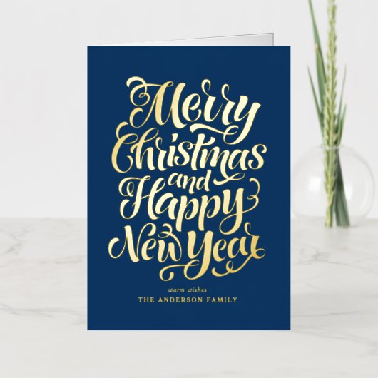 Rode vrolijke kerst en een gelukkig nieuwjaar folie feestdagenkaart (Voorkant)