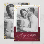 Rode vrolijke kerst met faux goud en foto feestdagenkaart (Voorkant / Achterkant)