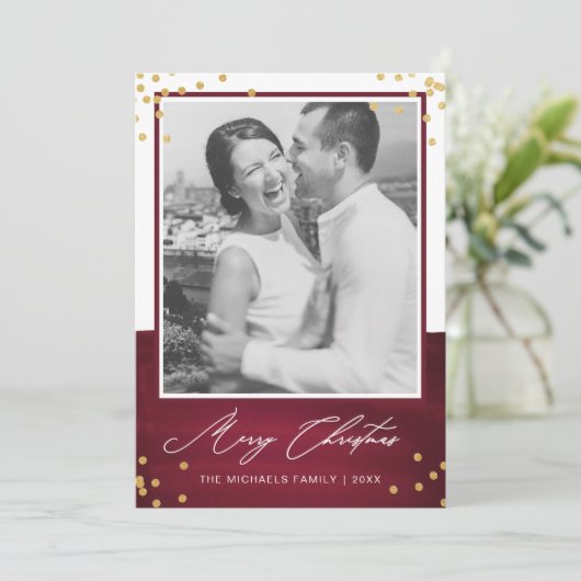 Rode vrolijke kerst met faux goud en foto feestdagenkaart (Staand voorkant)