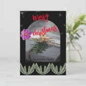 Rode vrolijke kerst Typografie groen gebladerte Feestdagenkaart (Staand voorkant)