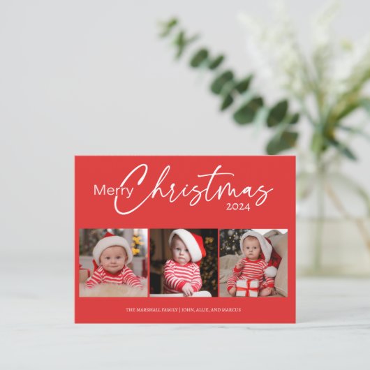 Rode Vrolijke Kerstmis 2024 Fotocollage Typografie Feestdagenkaart (Staand voorkant)