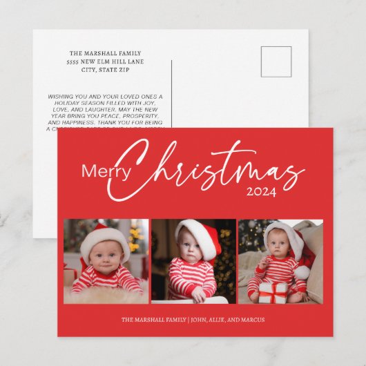 Rode Vrolijke Kerstmis 2024 Fotocollage Typografie Feestdagenkaart (Voorkant / Achterkant)