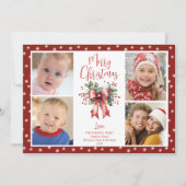 Rode Vrolijke Kerstmis 4 Fotoscript Bow Lights Feestdagenkaart (Voorkant)