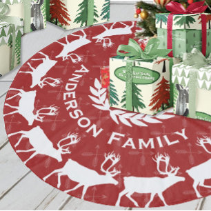 Rode Vrolijke Kerstmis Familienaam Rustiek Rendier Fleece Kerstboom Rok