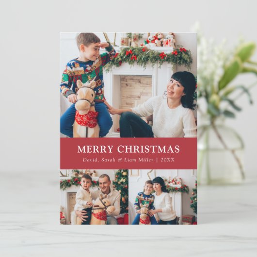 Rode Vrolijke Kerstmis Foto Collage Kaart (Staand voorkant)