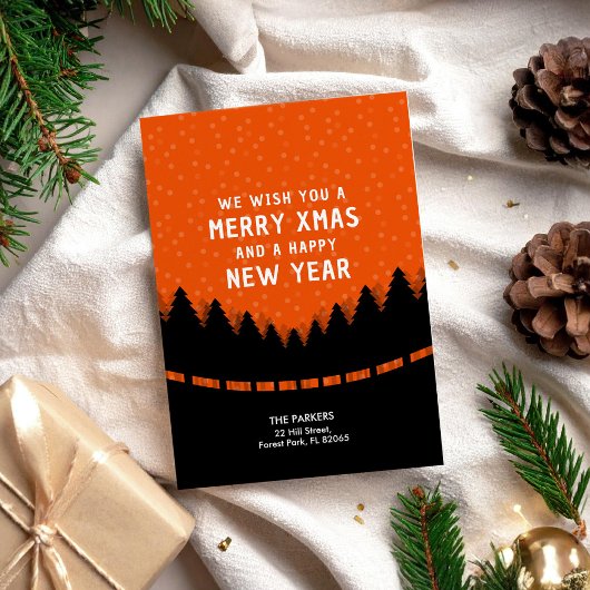 Rode Vrolijke Kerstmis met retro stijl bos en snee Kaart