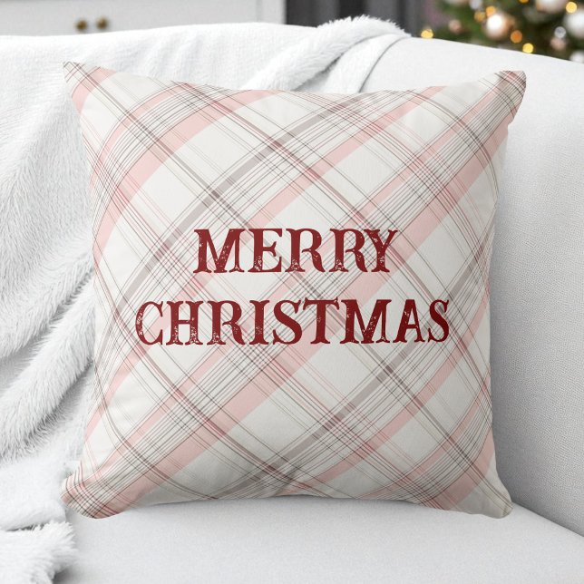 Rode Vrolijke Kerstmis Roze Plakken Patroon Modern Kussen (Red Merry Christmas Pink Plaid Pattern Modern Throw Pillow)