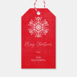 Rode Vrolijke Kerstmis Sneeuwvlok Moderne Naam Cadeaulabel