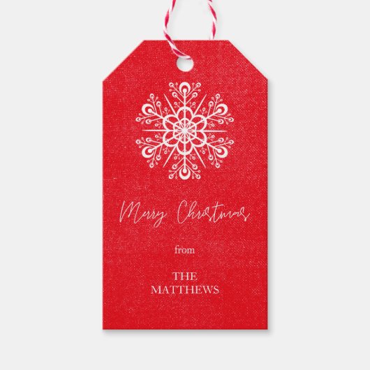 Rode Vrolijke Kerstmis Sneeuwvlok Moderne Naam Cadeaulabel (Voorkant)