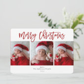 Rode Vrolijke Kerstmis Wit Hout Vakantie Foto Kaart (Staand voorkant)