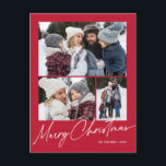 Rode Vrolijke Kerstmiskalligrafie Eenvoudige 3 Fot Feestdagenkaart<br><div class="desc">Red Merry Christmas Calligraphy Script Simple Photo Holiday Kaart beschikt over een moderne kalligrafie begroeting over drie foto's met ruimte voor uw langere bericht op de achterkant.</div>