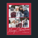 Rode Vrolijke Kerstmiskalligrafie Eenvoudige 3 Fot Feestdagenkaart<br><div class="desc">Red Merry Christmas Calligraphy Script Simple Photo Holiday Kaart beschikt over een moderne kalligrafie begroeting over drie foto's met ruimte voor uw langere bericht op de achterkant.</div>