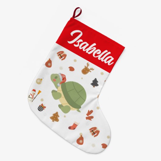 Rode Vrolijke Kerstschildpad zee Santa hat Xmas Grote Kerstsok (Voorkant (Hangend))