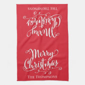Rode vrolijke kerstscript gepersonaliseerd theedoek (Verticaal)