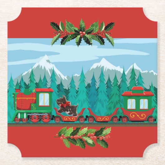 Rode vrolijke kersttrein kartonnen onderzetters (Voorkant)