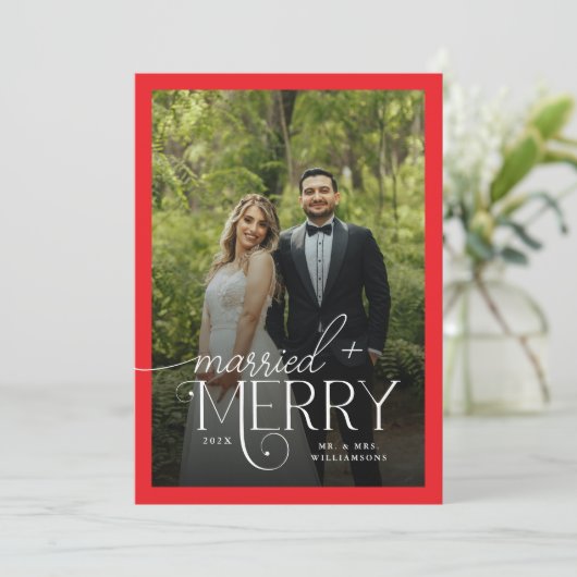 Rode vrolijkheid en getrouwde foto Passen getrouwd Feestdagenkaart (Staand voorkant)