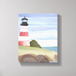 Rode Vuurtoren | Kust Oceaan Aquarel Schilderij Canvas Afdruk
