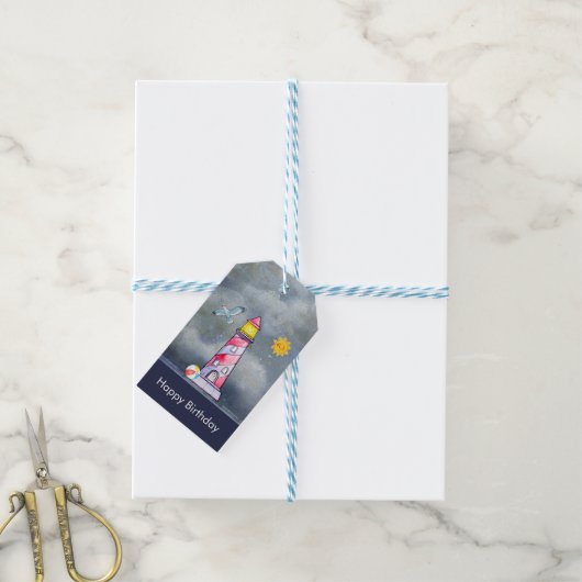 Rode vuurtoren met een achtergrond van Stormy Cadeaulabel (Met Touw)