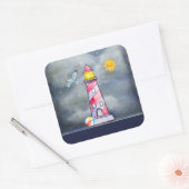 Rode vuurtoren met een achtergrond van Stormy Vierkante Sticker (Envelop)