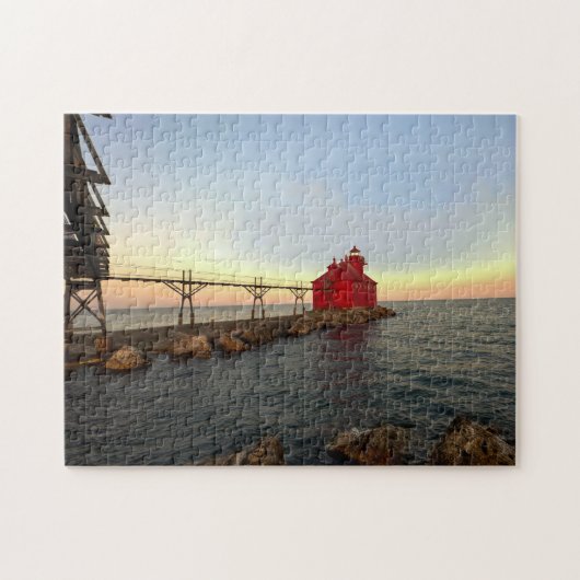 Rode Vuurtoren Stormachtige Zeeen Jigsaw Legpuzzel (Horizontaal)