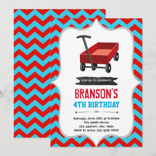 Rode wagen verjaardagsfeestje Uitnodiging (Voorkant / Achterkant)