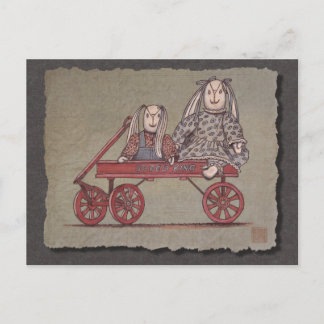 Rode wagon, konijn en dollen briefkaart