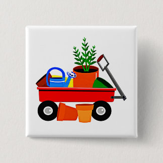 Rode wagon met Planten en tuingereedschap Vierkante Button 5,1 Cm