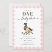 Rode Wangen Roze Geruit Eén Geluksvogel 1e Verjaar Kaart (Voorkant)