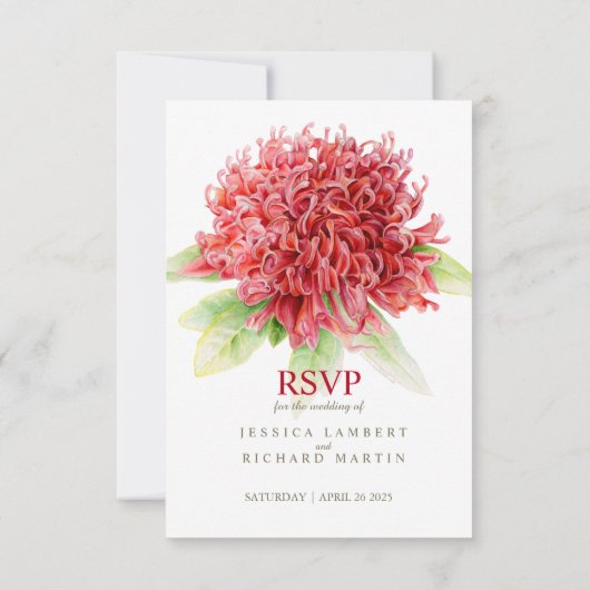 Rode waratah bloemenbruiloft waterverf RSVP (Achterkant)