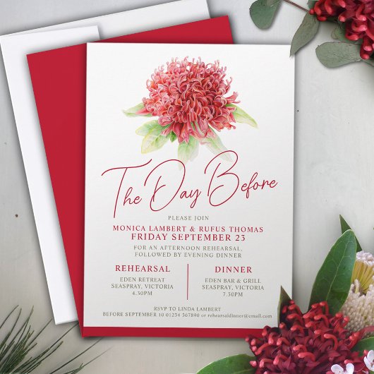 Rode waratah bloemenrepetitie dag voor bruiloft kaart