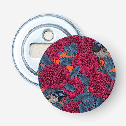 Rode waratah en sprookjes button flesopener (Voorkant)