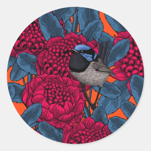 Rode waratah en sprookjes ronde sticker (Voorkant)