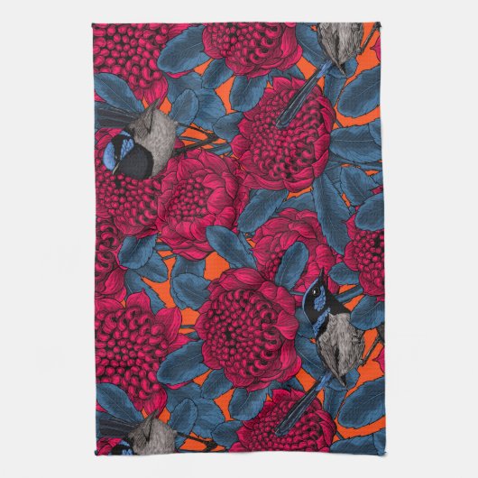 Rode waratah en sprookjes theedoek (Verticaal)