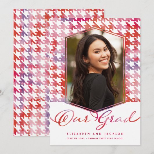 Rode was Waterverf Houndstooth Foto Afstuderen Aankondiging (Voorkant / Achterkant)