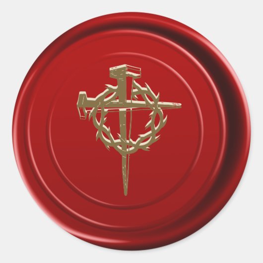Rode waszegel gouden Jezus kruis religieus Ronde Sticker (Voorkant)
