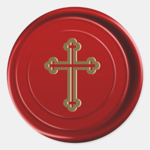 Rode waszegelstempel gouden kruis religieus ronde sticker