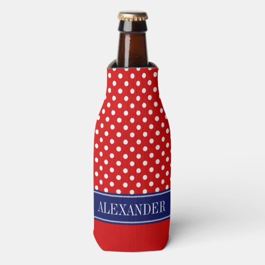 Rode Wat Polka Dot CB Navy Naam Monogram Flesjeskoeler (Fles Voorkant)