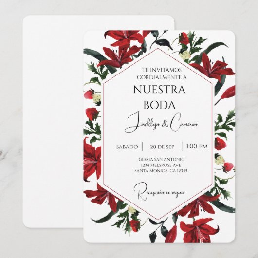 Rode waterkleur bloem Spaanse bruiloft uitnodiging (Voorkant / Achterkant)