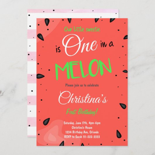 Rode Watermeloen 1e Verjaardag uitnodiging (Voorkant / Achterkant)