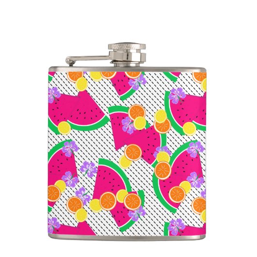 Rode Watermeloen Gele Citroenen Tropisch op Wit Heupfles (Voorkant)