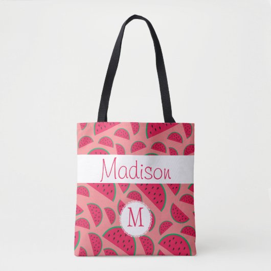 Rode Watermeloen Zomer Leuk Initiaal Monogram Tote Bag (Voorkant)